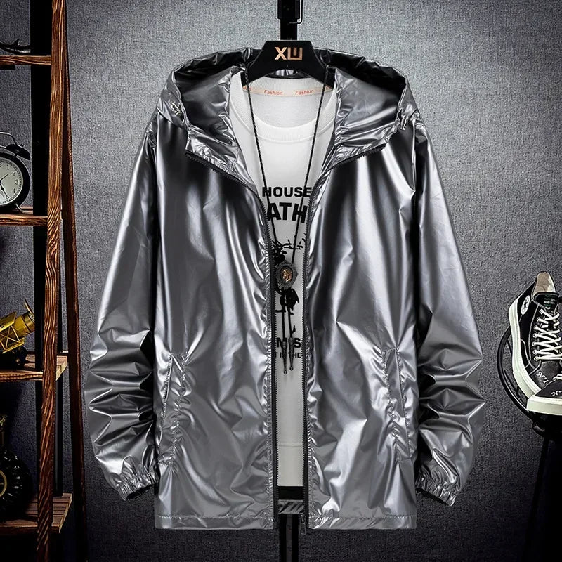 KIDWHXR Autumn Bright Surface Hooded Jackets Man Long Sleeve Zipper Male Coat Windproof Outdoor Sport Casual Men Outerwear