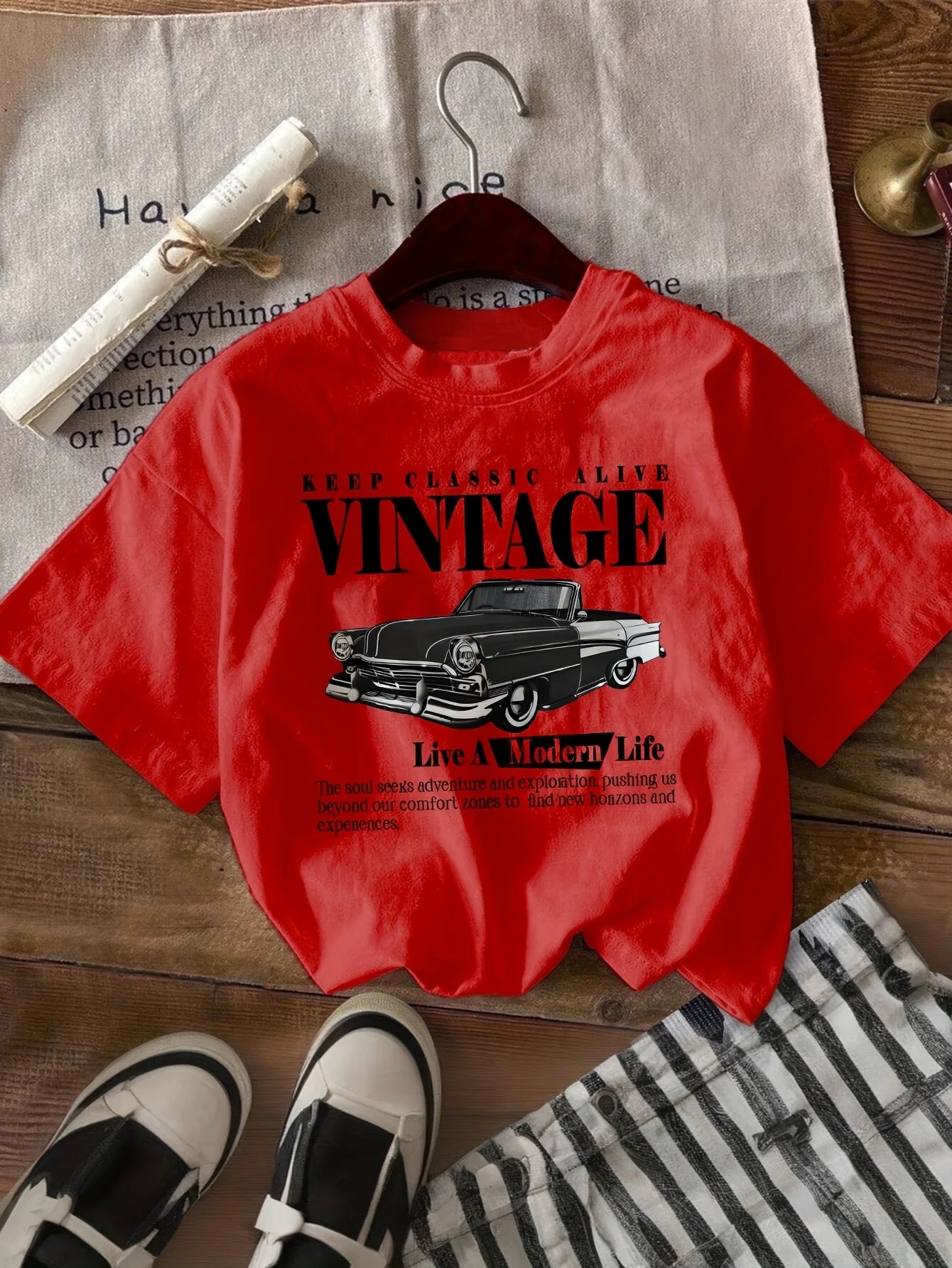 Vintage Car Print T-Shirt Medium Stretch Knit Fabric Casual Sports Style Spring/Summer Top  y2k top  women clothing