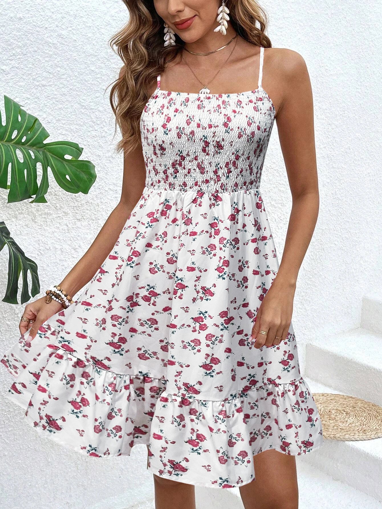Women's Floral Print Shirred Spaghetti Strap Dress - Summer Boho Ruffle Sundress Casual Beach Maxi Dress