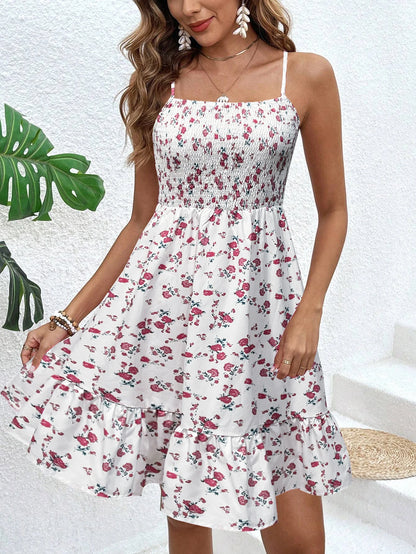 Women's Floral Print Shirred Spaghetti Strap Dress - Summer Boho Ruffle Sundress Casual Beach Maxi Dress