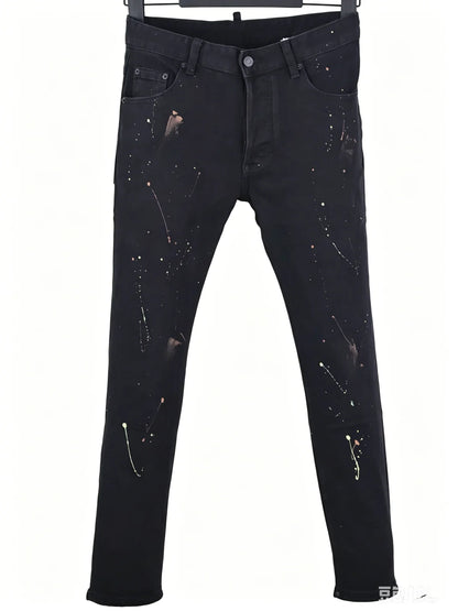 6057 Four Seasons New Men's Wear Washed Ripped Patch Paint Slim-fit Feet Blue Jeans for Men