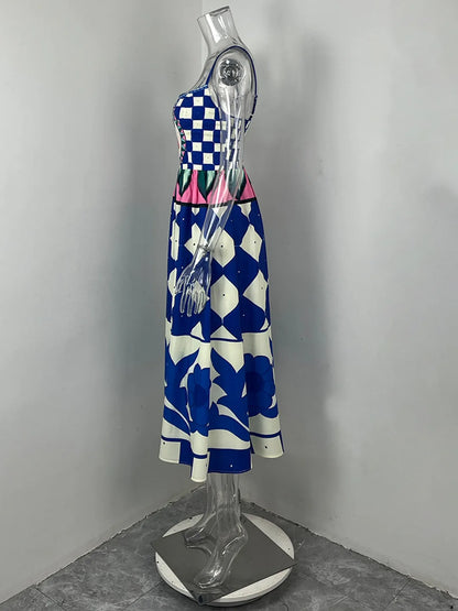 VEITCHE Fashion Women Print Suspenders Blue Ocean Fish Pattern Sexy Long Dress 2025 New Spring Summer Temperament Maxi Dresses