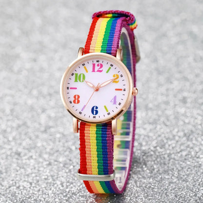 2pcs Set Fashion Rainbow Color Ultra-thin Canvas Strap Classic Men's Watches Colorful Bracelet Set