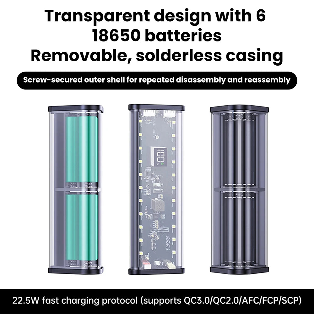 22.5W 6*18650 Power Bank Case Transparent Shell Fast Charging Holder Cases Detachable Battery Charge Storage Box Without Battery