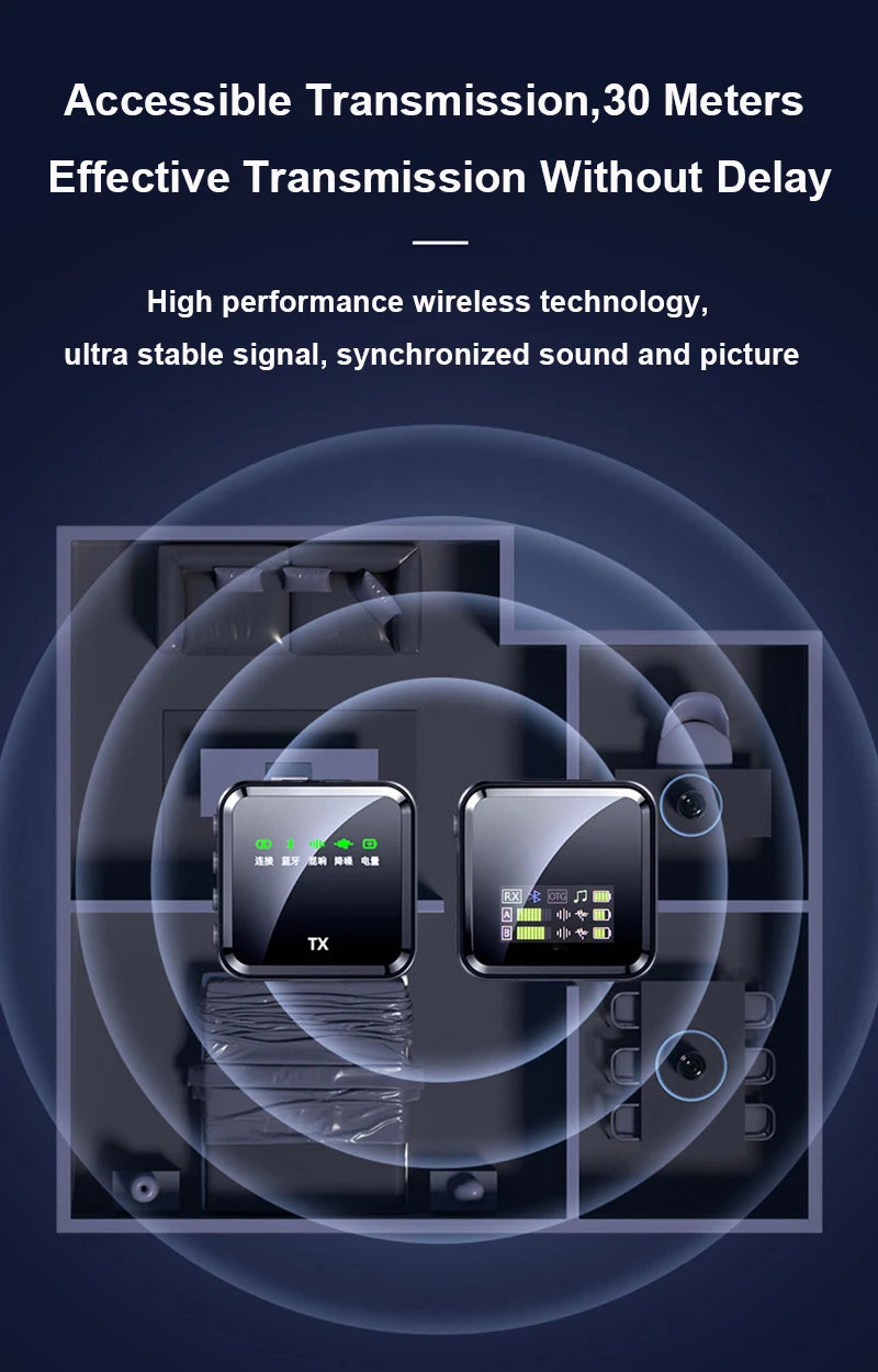 Wireless Lavalier Microphone System Bluetooth Audio Video Voice Recording Mic for iPhone Android Mobile Phone Interview Camera