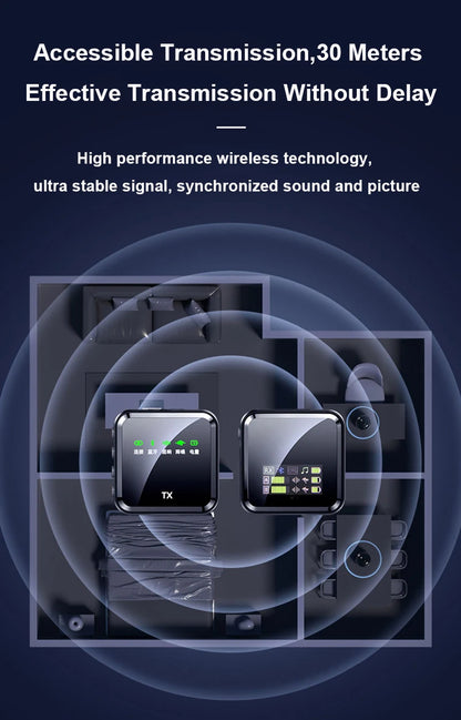 Wireless Lavalier Microphone System Bluetooth Audio Video Voice Recording Mic for iPhone Android Mobile Phone Interview Camera