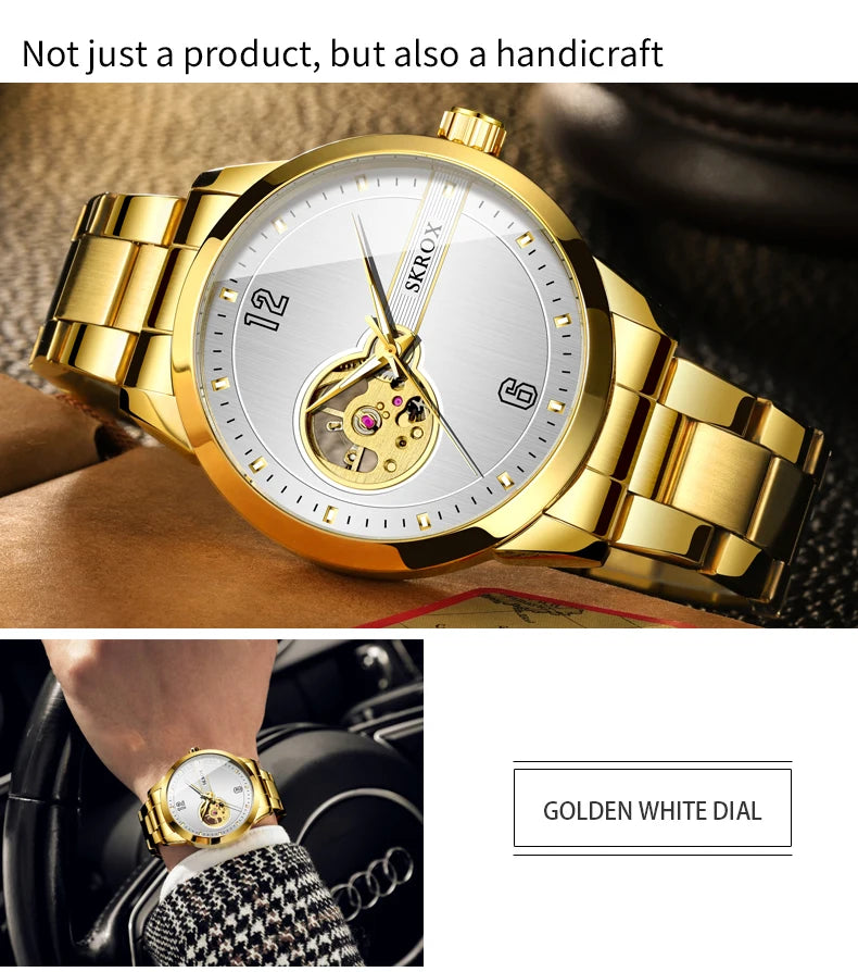 SKROX Original Luxury Brand Waterproof Tourbillon Automatic Clock Steel Skeleton Mechanical Man Watch Business Male Wristwatches