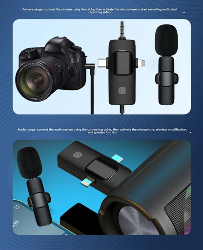 Wireless Lavalier Microphone 1 to 2 with Reverb Monitor Auto Noise Reduction for Video Live Streaming Vlog