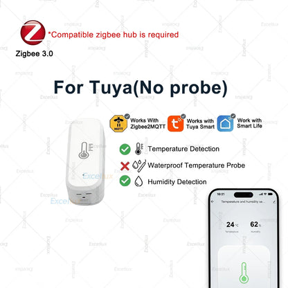 Zigbee 3.0 Temperature Humidity Sensor With External Temp Probe Smart Thermo Hygrometer For Plants Aquarium Freezer Need Gateway