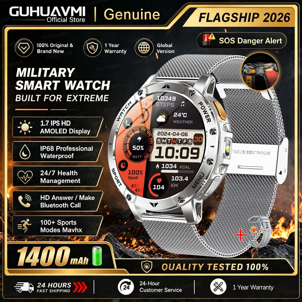 1400mAh Large Battery Military Smart Watch Men 1.7"HD Bluetooth Call 10ATM Waterproof LED Flash SOS Health Monitor Sport Watches