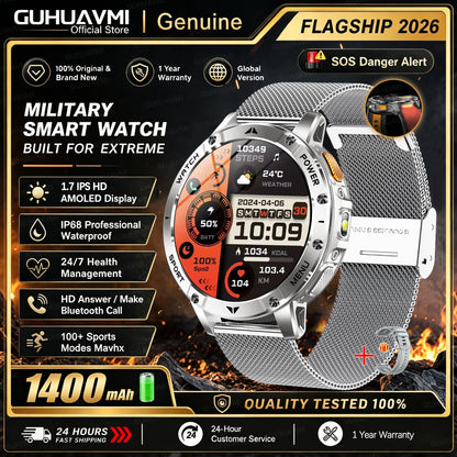 1400mAh Large Battery Military Smart Watch Men 1.7"HD Bluetooth Call 10ATM Waterproof LED Flash SOS Health Monitor Sport Watches