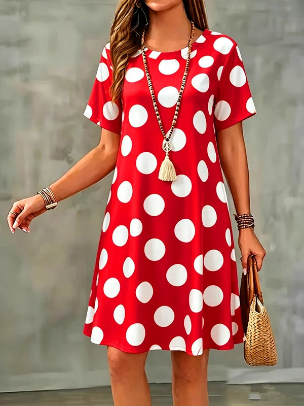 New Summer Women Dress Polka Dots Print Short Sleeve O-Neck  A-Line Dress Casual Loose Beach Sundress
