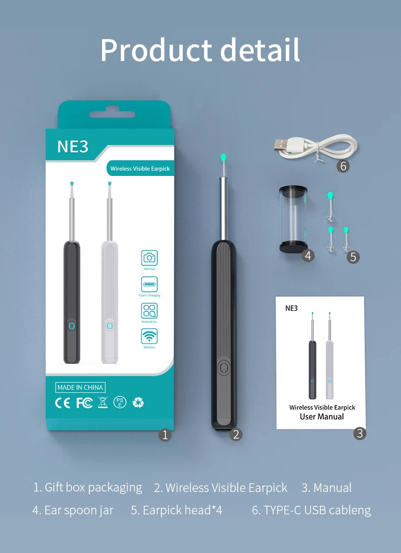 Smart Ear Wax Cleaner with Camera 3.5mm Earpick Otoscope Visual Ear Camera Health Care Ear Cleaner for iPhone, iPad, Android