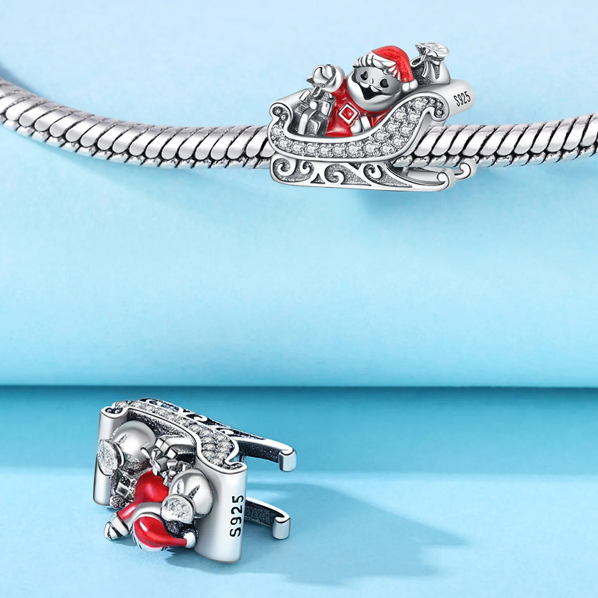 925 Sterling Silver Christmas Sleigh Santa Claus Pendant Holiday Party Charm Fit Original Charm Bracelets Women DIY Jewelry Gift