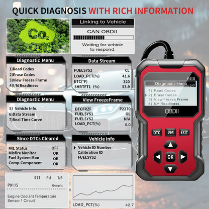 V410 OBD2 Scanner Diagnostic Tool for Cars and Trucks Since 1996+, Data Stream, I/M Readiness, Voltage Test