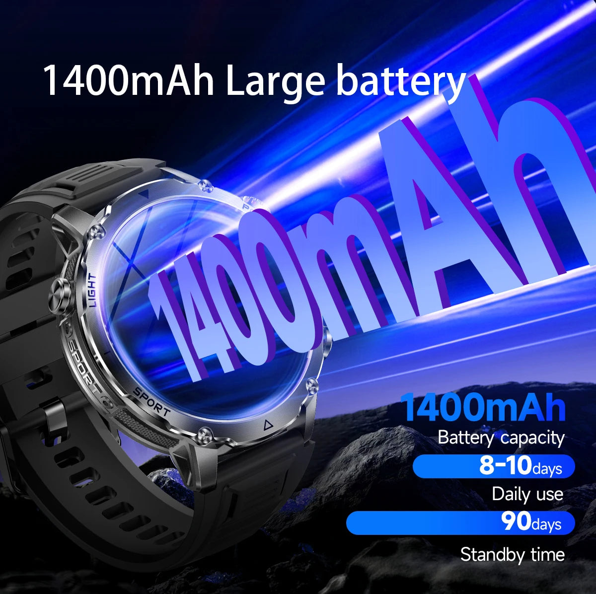 Smartwatch LIGE 2026 wojskowy, bateria 1400mAh, dla mężczyzn, latarka zewnętrzna, wodoodporność IP68, pulsometr, połączenia Bluetooth, bransoletka sportowa