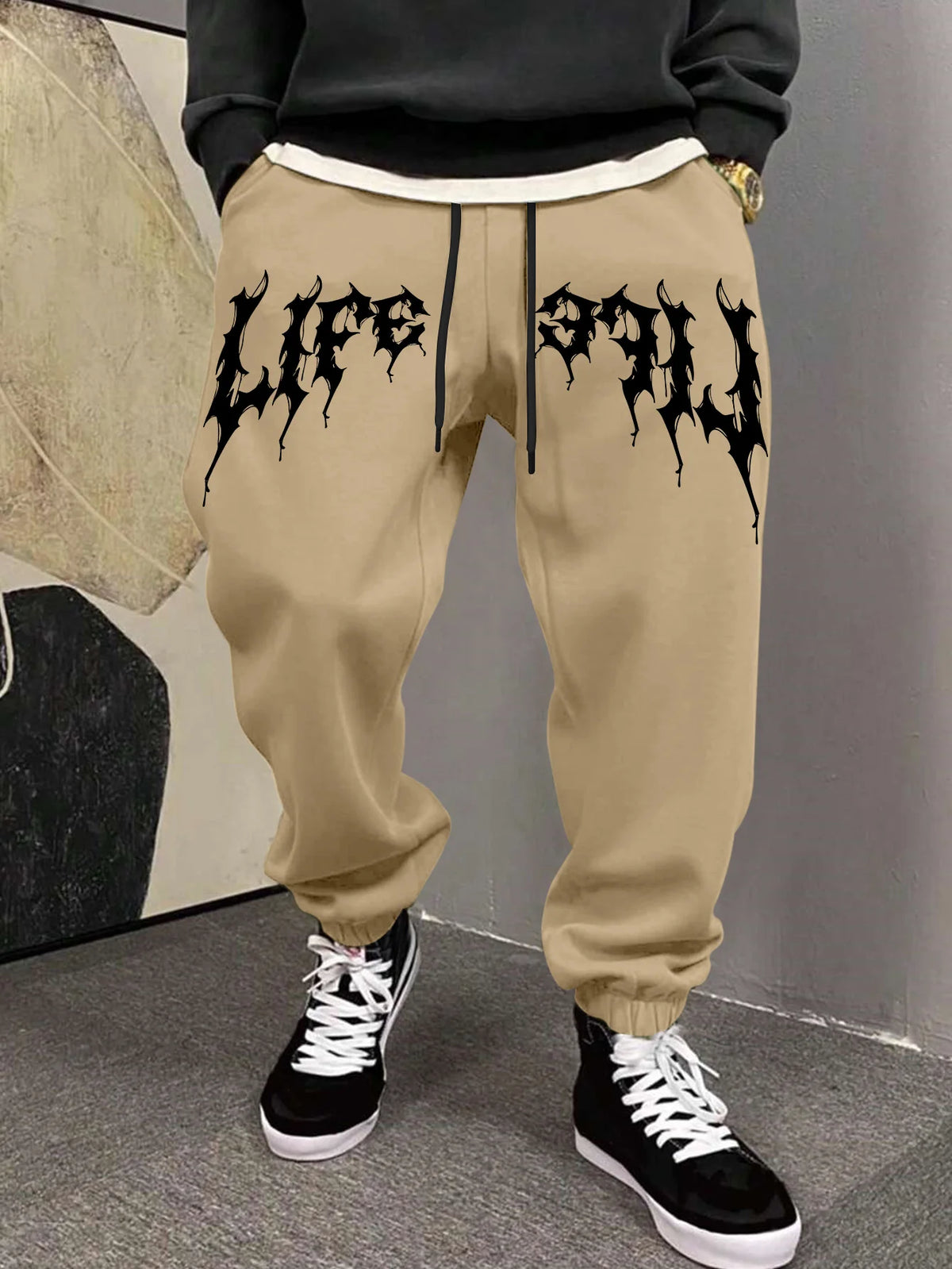 Men's Aesthetic Dark Gothic Letter Art Print Sweatpants Elastic Waist Joggers Cozy Goth Daily Street Fashion Bottoms
