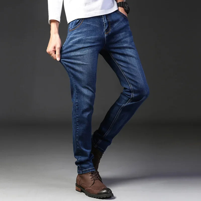 2024 Summer Thin Men's Elastic Cotton Jeans Fashion Gray Comfortable Business Straight Casual Pants High Quality Brand Trousers
