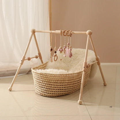 1set Baby Wooden Rattle Toys Play Gym Mobile Hanging Sensory Toys Foldable Play Gym Frame Activity Gym Baby Room Decorations Toy
