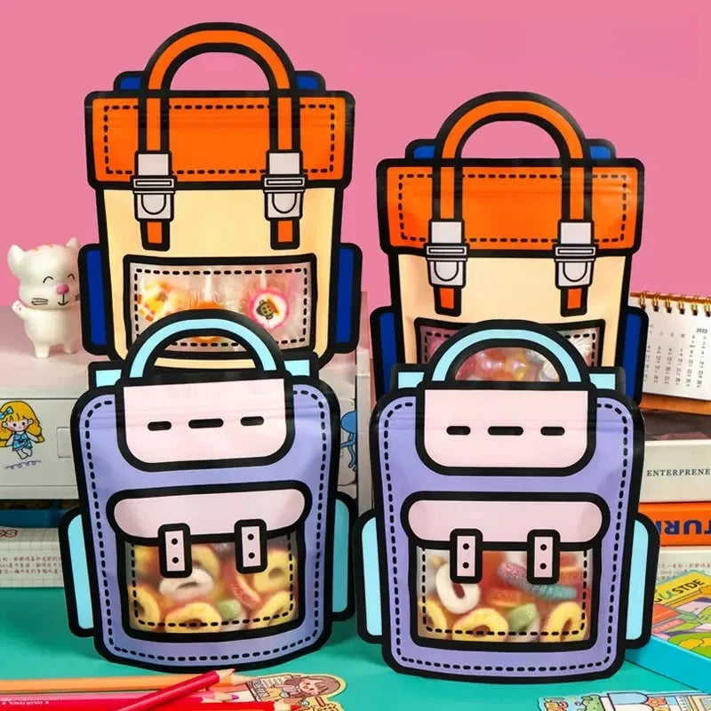 10-50 PCS Cartoon Self-Sealing Snack Bags Schoolbag Shape Biscuit Candy Handbags Children's Day Kids Birthday Gift Packaging Bag