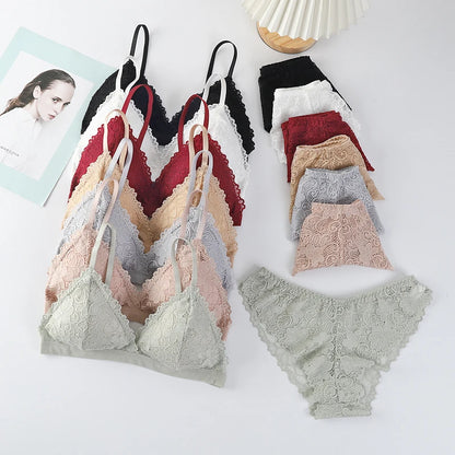 Women Lace Bra And Panties Set V-neck Push Up Bralette Sexy Lingerie Low Waist Briefs Female Non-wire Brassiere Underwear Set