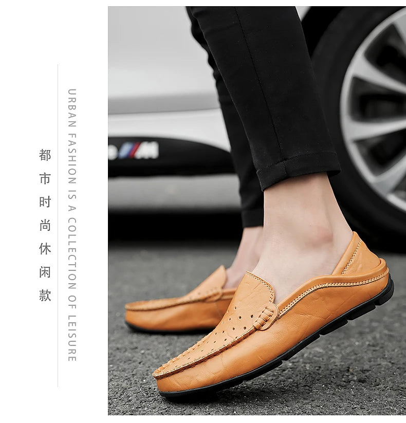 Men's Driving Shoes Large Size Loafers Hollow out Casual Bean Bean Shoes Leather Slip-On Footwear for Men