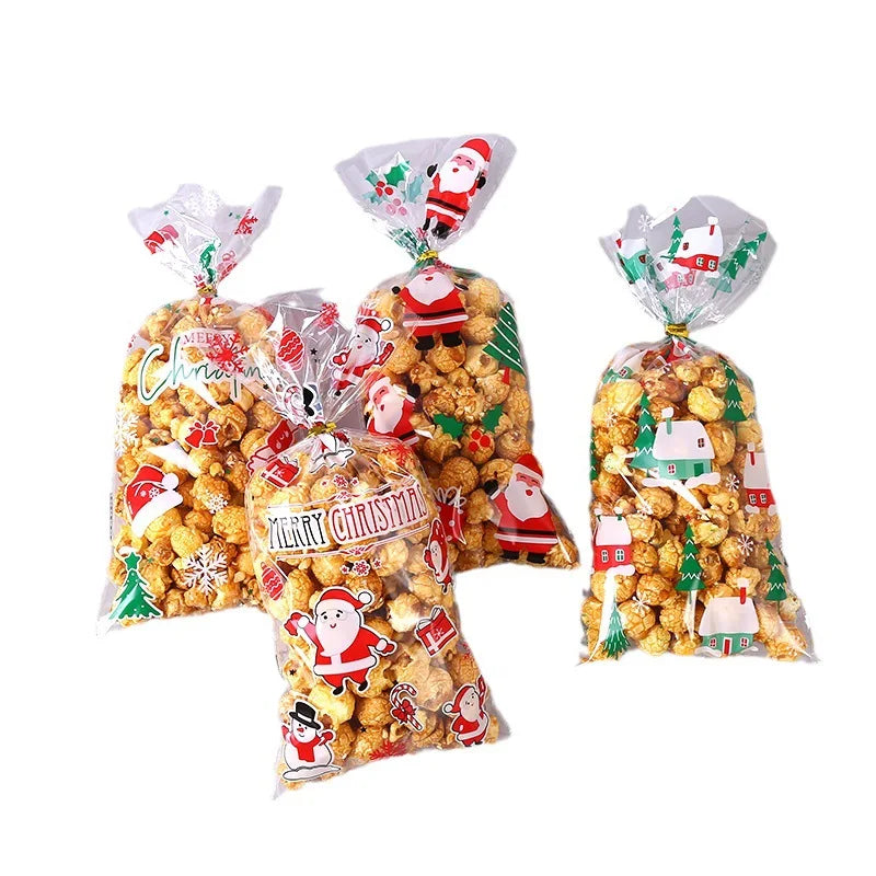 50/100pcs Christmas candy drawstring bag opp cellophane cookies nuts plastic bags New Year gift wrapping bags free gift ties