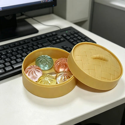 5Pcs Mini Dumplings with Steamer Bun Squeezable Toys Set Soft Stress Relief Crystal Squishy Fidget Sensory Toy Party Favors Gift