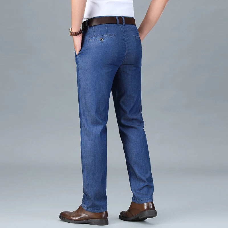 2026 Summer Branded Cloth Men's Business Casual Office Lightweight Lyocell Jeans Medium-high Waist Straight Loose Thin Trousers