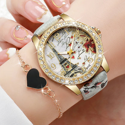 2pcs/set Fashion PU Leather Eiffel Tower Quartz Watch + Heart-Shaped Bracelet (Box not included）