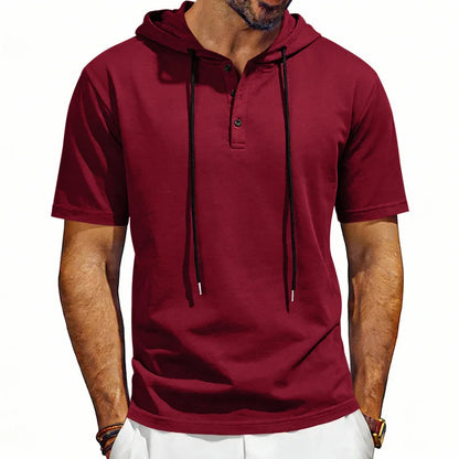 Summer Men's Short Sleeve Hooded T-Shirt Henry Neckline Drawstring Design Casual Loose Breathable Sporty Vest