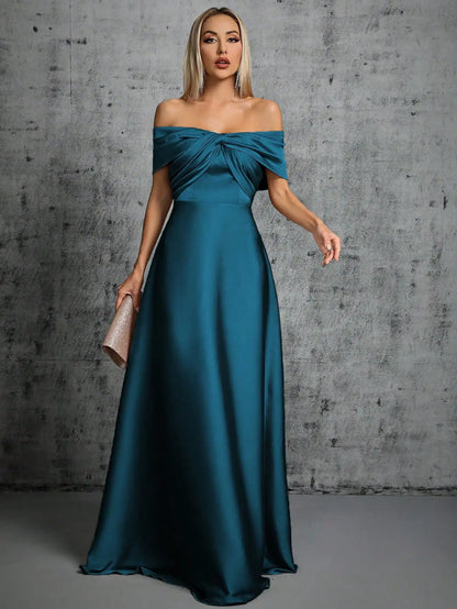 Mgiacy Line neck irregular cross pleated satin gown ball dress Party dress bridesmaid dress