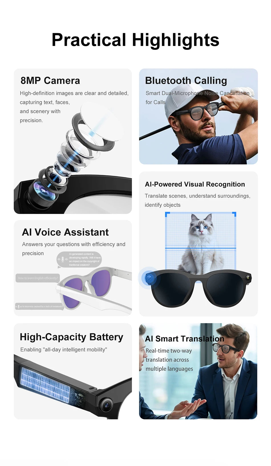 Lenovo NEW 8K 1600W HD AI Smart Glasses Camera Dual Real-time Translation Bluetooth Call Shoot Audio Video Music Play Sunglasses