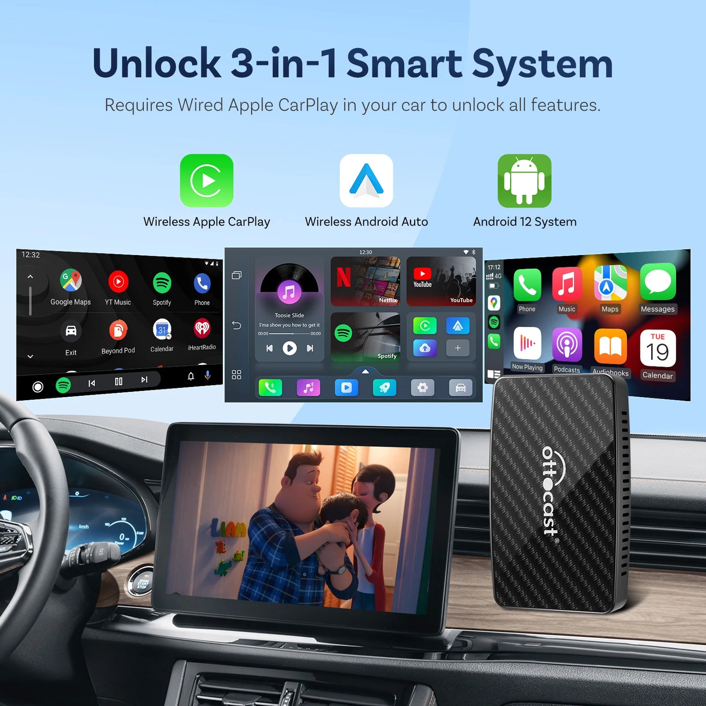 Ottocast Play2Video Pro 2026 Wireless Android Auto & CarPlay AI Box In-Car Video Streaming YouTube Netflix IPTV USB Plug & Play
