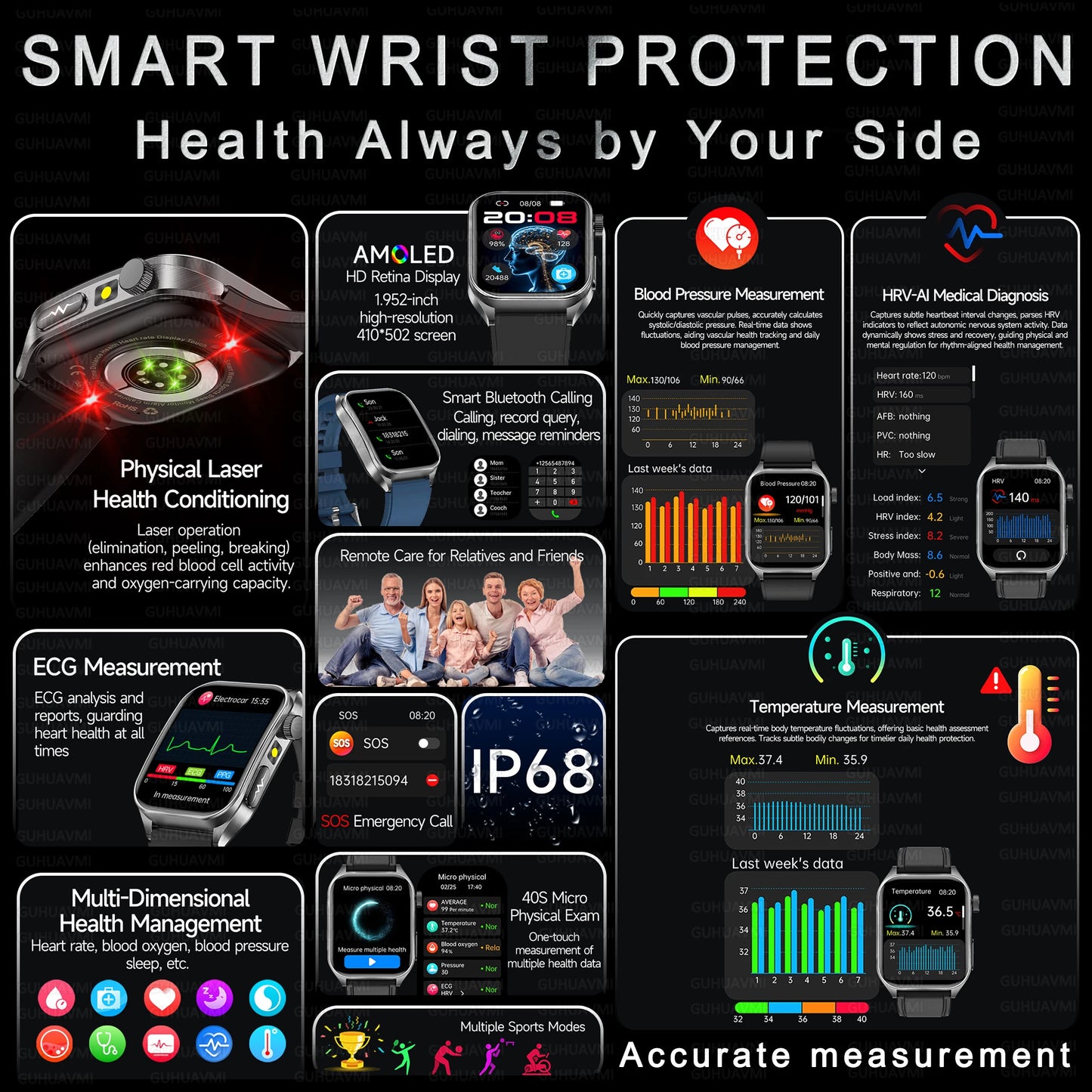 GUHUAVMI New Laser Therapy ECG+PPG Smart Watch Health Monitor Blood Lipids Uric Acid Heart Rate Tracking Monitoring Smartwatches
