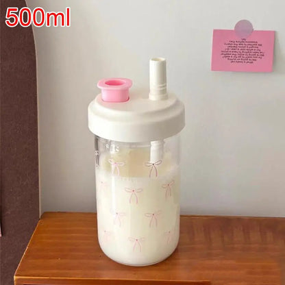 500/700Ml Pink Bow Water Cup With Straw Coffee Bubble Milk Tea Plastic Cup Large Capacity Students Water Bottle Straw Bottle