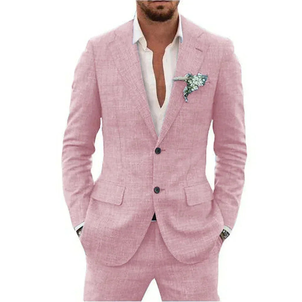 Sky Blue Linen Causal Men Suits for Beach Party Business Two Pieces Wedding Tuxedos Set Notched Lapel Suit Jacket Pants