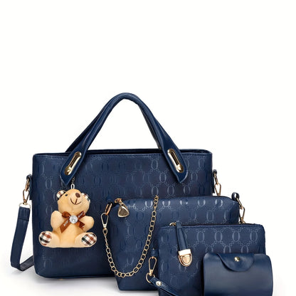 4pcs Geometric Pattern Tote Bag, Fashion Handbag Chian Crossbody Bag, Clutch Bag and Card Holder Purses and Handbags Hand Bag