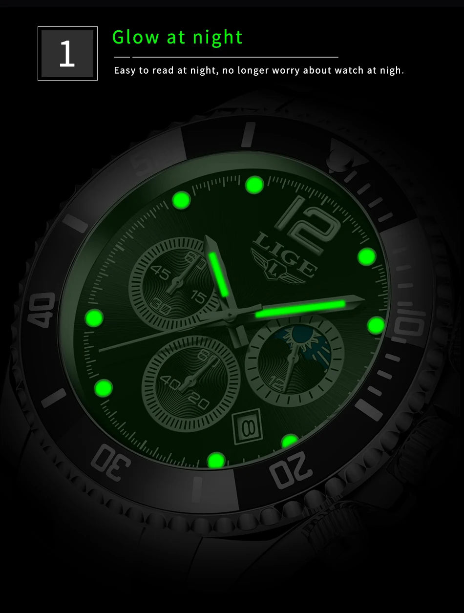 LIGE Outdoor Sport Watch For Men Fashion Military Waterproof Luminous Men Watch Round Stainless Steel Quartz Chronograph Male