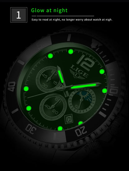 LIGE Outdoor Sport Watch For Men Fashion Military Waterproof Luminous Men Watch Round Stainless Steel Quartz Chronograph Male