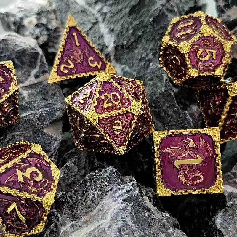 7 Pcs Cosplay D4-D20 DND Brass Gold Polyhedral Sharp Edge Casino Dice Rpg Table Board Game Tray Gem Stone Dragon Metal Steel Set