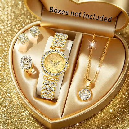 5PCS Luxury Rhinestone Butterfly Dial Women Quartz Watch Jewelry Set Elegant Ladies Bracelet Wristwatch Reloj Mujer（Without Box）