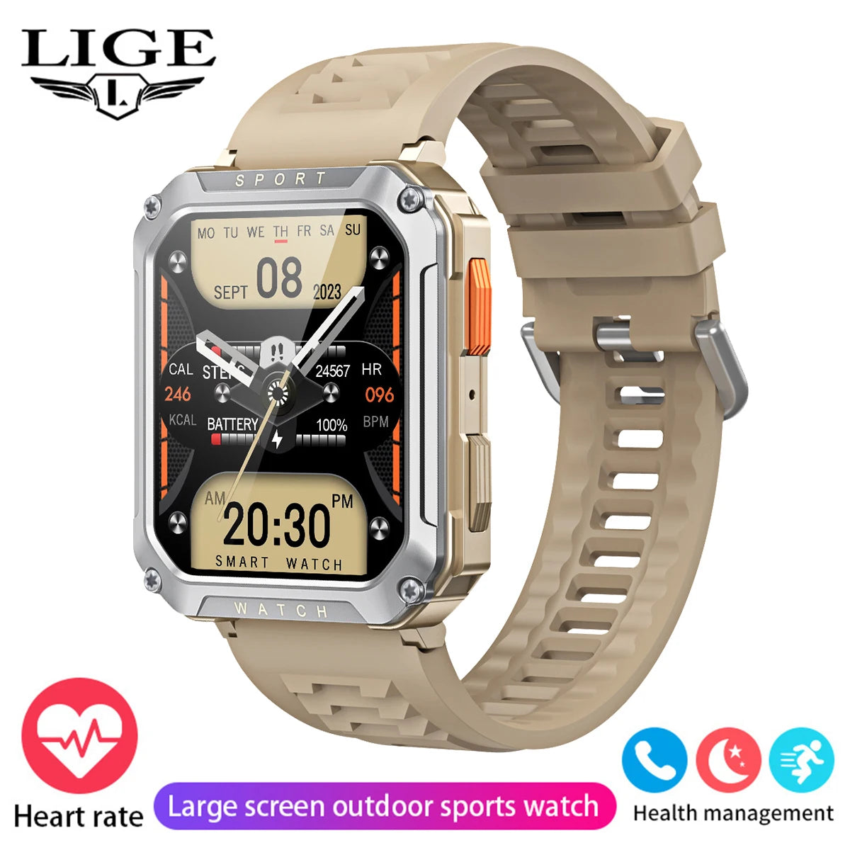 LIGE 2026 Zewnętrzny Smartwatch Męski 2.01" Ekran IP68 Wodoodporne Zegarki Wytrzymały Wojskowy Bluetooth Połączenia Smartwatch dla Androida i iOS