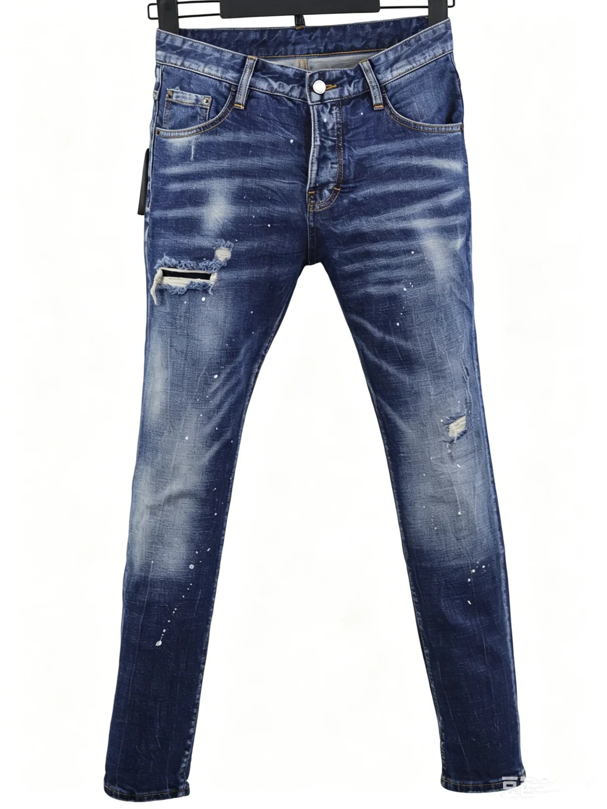 6057 Four Seasons New Men's Wear Washed Ripped Patch Paint Slim-fit Feet Blue Jeans for Men