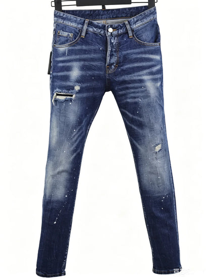 6057 Four Seasons New Men's Wear Washed Ripped Patch Paint Slim-fit Feet Blue Jeans for Men