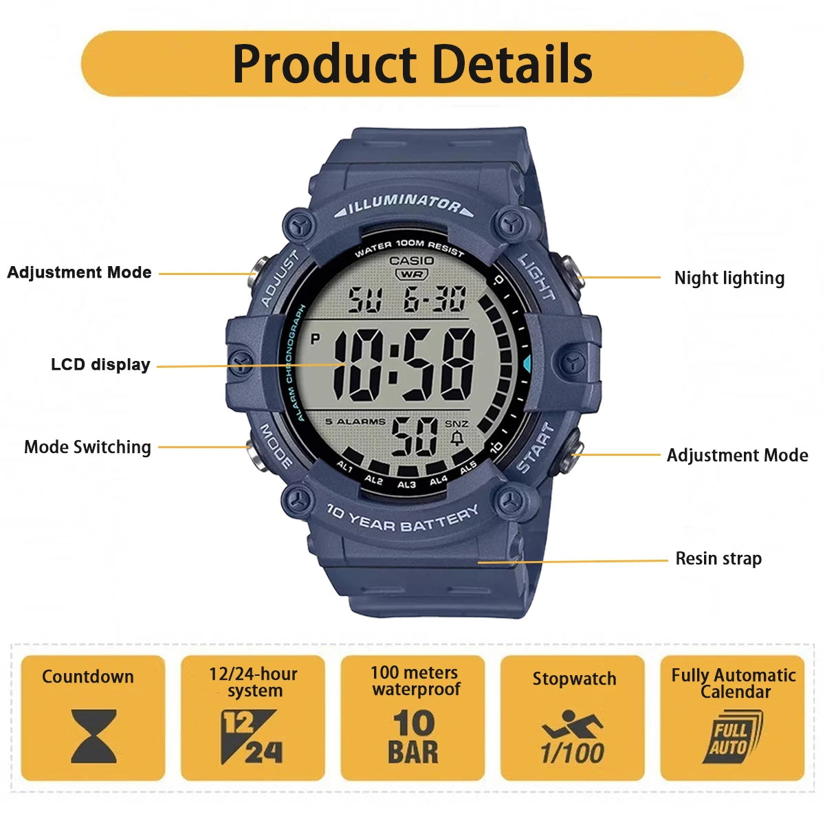 Casio AE1500WHX Series | 10-Year Battery | LED Backlight | 5-Alarms | 1/100 Sec Stopwatch | Men's Digital Watch