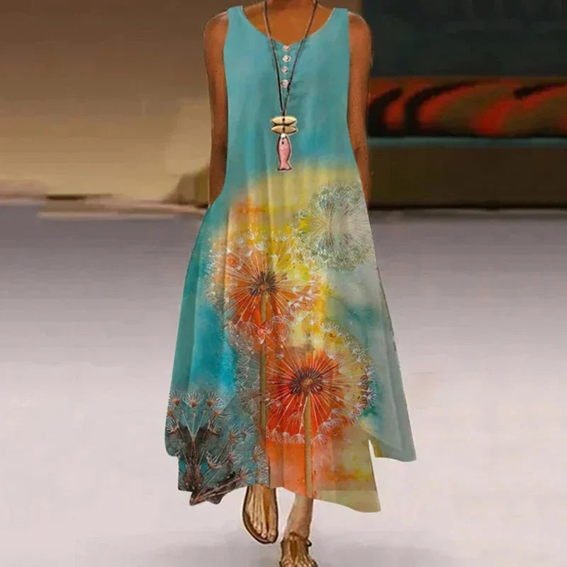 New Women's Fashion Casual Printed Dandelion Sleeveless Dress Summer Casual Printed Long Dress