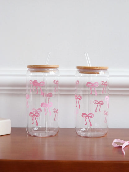 1/2/4/6Pcs Glass Cups with Bowknot Print, with Lid and Straw, Exquisite and High-End Bowknot Glass Cups, Suitable for Home Decoration, Daily Household Drinking Cups, Outdoor Picnic Cups, Party Cups, Breakfast Milk Cups, Gift-