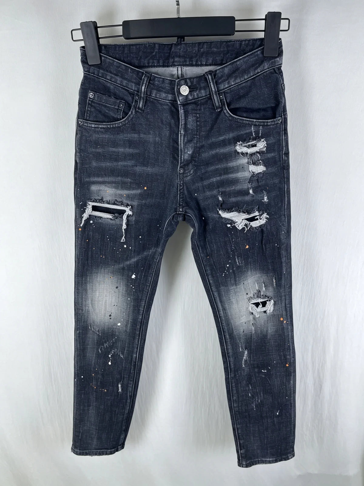 6060 Four Seasons New Men's Washed Ripped Patch Old Slim-fit Straight Black Jeans for Men