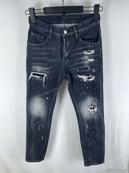6060 Four Seasons New Men's Washed Ripped Patch Old Slim-fit Straight Black Jeans for Men